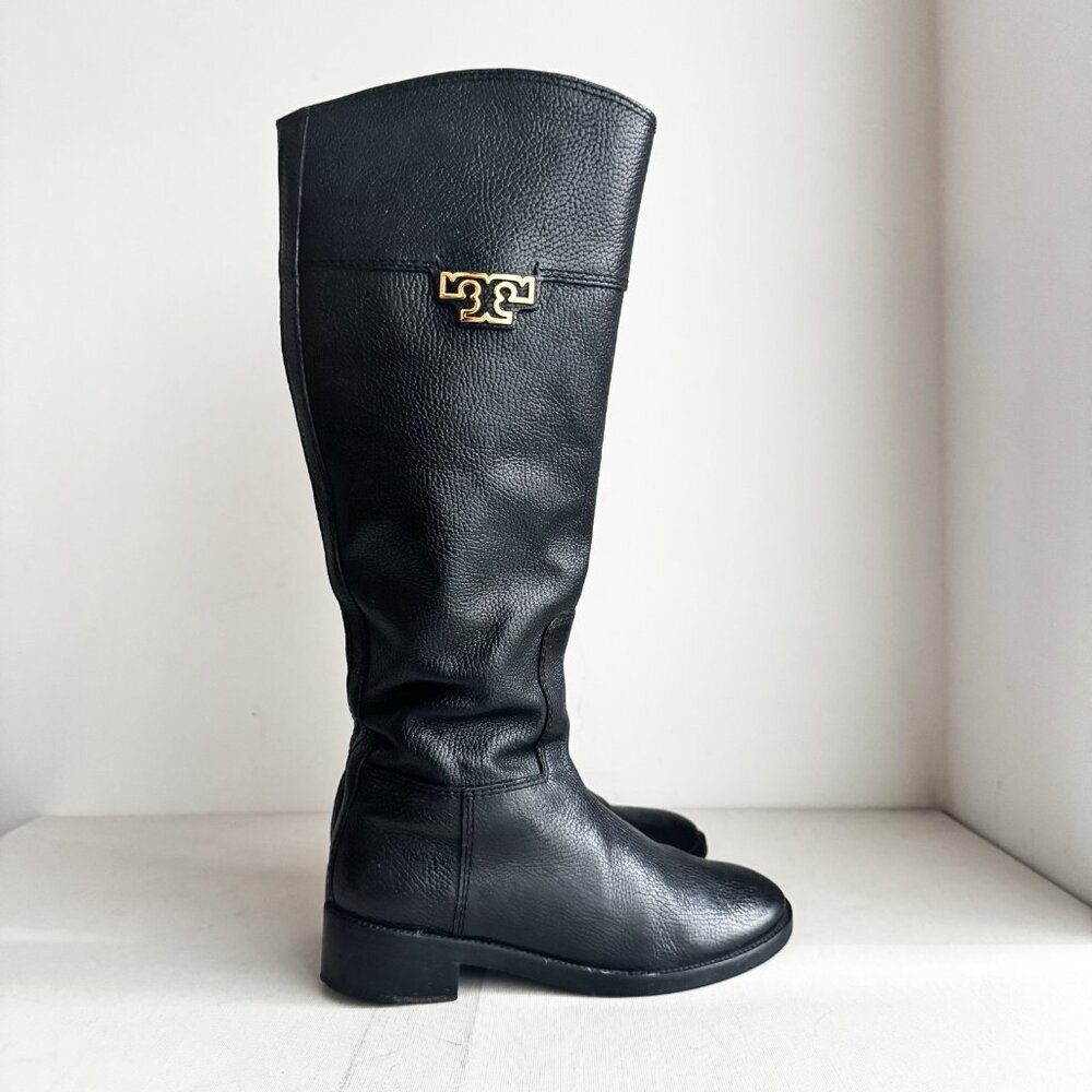 Tory Burch Wembley Riding Boot Black Pebbled Leather 7.5